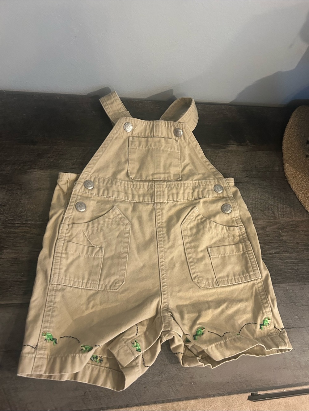 Pocket Frog Khaki Shortalls Embroidered Frogs Toddler Overalls